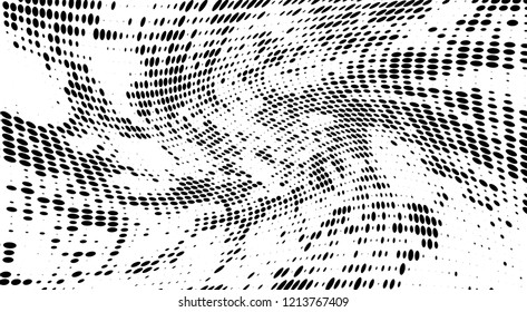 Subtle halftone vector texture overlay. Futuristic twisted grunge pattern, dot, circles. Monochrome abstract splattered background