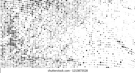 Subtle halftone vector texture overlay. Futuristic twisted grunge pattern, dot, circles. Monochrome abstract splattered background