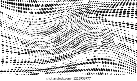Subtle halftone vector texture overlay. Futuristic twisted grunge pattern, dot, circles. Monochrome abstract splattered background