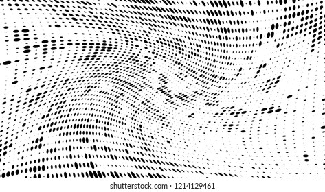 Subtle halftone vector texture overlay. Futuristic twisted grunge pattern, dot, circles. Monochrome abstract splattered background