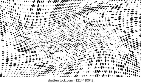 Subtle halftone vector texture overlay. Futuristic twisted grunge pattern, dot, circles. Monochrome abstract splattered background