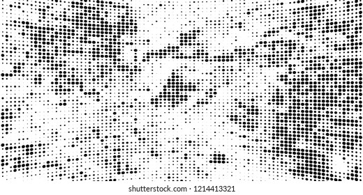 Subtle halftone vector texture overlay. Futuristic twisted grunge pattern, dot, circles. Monochrome abstract splattered background