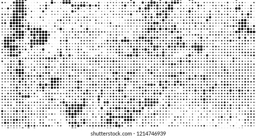 Subtle halftone vector texture overlay. Futuristic twisted grunge pattern, dot, circles. Monochrome abstract splattered background