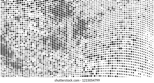 Subtle halftone vector texture overlay. Futuristic twisted grunge pattern, dot, circles. Monochrome abstract splattered background