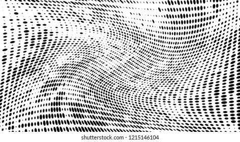 Subtle halftone vector texture overlay. Futuristic twisted grunge pattern, dot, circles. Monochrome abstract splattered background