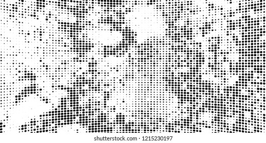 Subtle halftone vector texture overlay. Futuristic twisted grunge pattern, dot, circles. Monochrome abstract splattered background