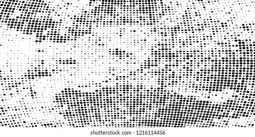 Subtle halftone vector texture overlay. Futuristic twisted grunge pattern, dot, circles. Monochrome abstract splattered background