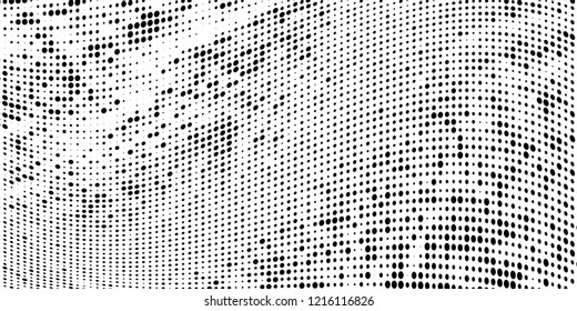 Subtle halftone vector texture overlay. Futuristic twisted grunge pattern, dot, circles. Monochrome abstract splattered background