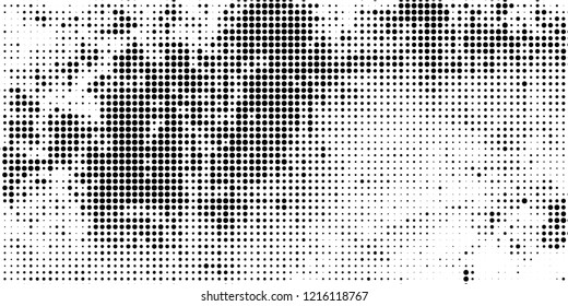 Subtle halftone vector texture overlay. Futuristic twisted grunge pattern, dot, circles. Monochrome abstract splattered background