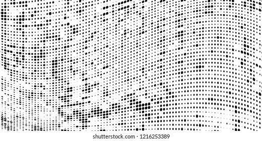 Subtle halftone vector texture overlay. Futuristic twisted grunge pattern, dot, circles. Monochrome abstract splattered background