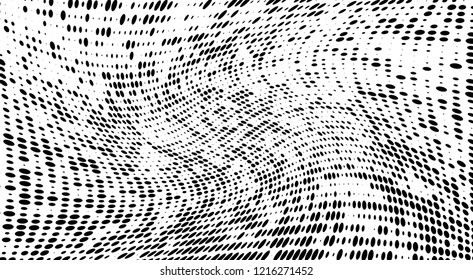 Subtle halftone vector texture overlay. Futuristic twisted grunge pattern, dot, circles. Monochrome abstract splattered background