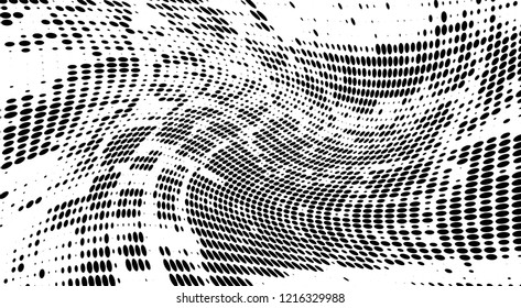 Subtle halftone vector texture overlay. Futuristic twisted grunge pattern, dot, circles. Monochrome abstract splattered background