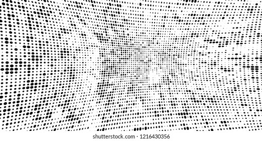 Subtle halftone vector texture overlay. Futuristic twisted grunge pattern, dot, circles. Monochrome abstract splattered background