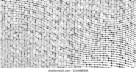 Subtle halftone vector texture overlay. Futuristic twisted grunge pattern, dot, circles. Monochrome abstract splattered background