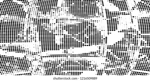 Subtle halftone vector texture overlay. Futuristic twisted grunge pattern, dot, circles. Monochrome abstract splattered background