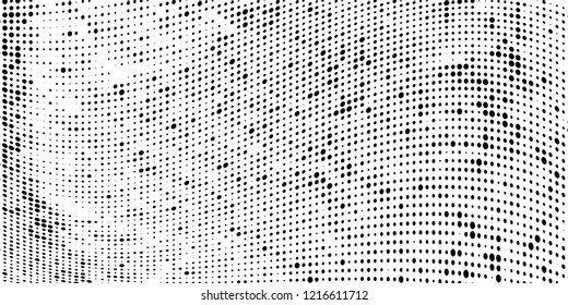 Subtle halftone vector texture overlay. Futuristic twisted grunge pattern, dot, circles. Monochrome abstract splattered background