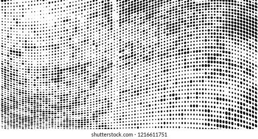 Subtle halftone vector texture overlay. Futuristic twisted grunge pattern, dot, circles. Monochrome abstract splattered background