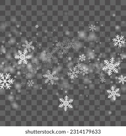 Subtle heavy snow flakes illustration. Winter speck frozen granules. Snowfall sky white transparent composition. Blurred snowflakes december texture. Snow nature landscape.