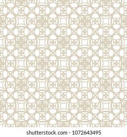 Subtle lace ornament. Vector seamless pattern. Delicate geometric texture with rounded mesh, carved lattice, grid, floral shapes, repeat tiles. Elegant white and beige abstract background design