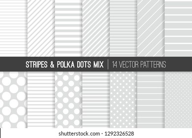 Subtle Light Gray and White Polka Dots and Diagonal and Horizontal Stripes Vector Patterns. Modern Minimal Neutral Backgrounds. Various Size Spots and Lines. Tile Swatches Included.