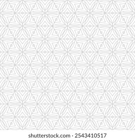 Subtle linear geometric seamless pattern with floral silhouettes, leaves, hexagonal grid, thin curved lines. White and gray abstract texture. Vector minimalist background. Repeated modern geo design