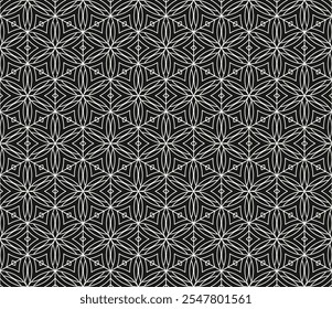 Subtle linear geometric seamless pattern with floral silhouettes, leaves, hexagonal grid, thin curved lines. Black and white abstract texture. Vector monochrome background. Repeated modern geo design