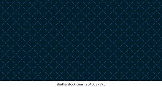 Subtle luxury seamless pattern. Vector abstract minimal geometric ornament in oriental style. Elegant dark teal blue background. Simple geo texture with diamonds, stars, grid, lattice. Repeated design
