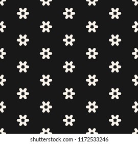 Subtle minimal black and white vector seamless pattern with small geometric flowers, snowflakes, stars. Abstract floral texture. Simple monochrome background. Repeat design for decor, fabric, package