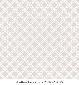 Subtle minimal grid ornament. Vector abstract beige and white geometric seamless pattern with lattice, diamond shapes, flower silhouettes, net. Simple elegant background texture. Repeating geo design