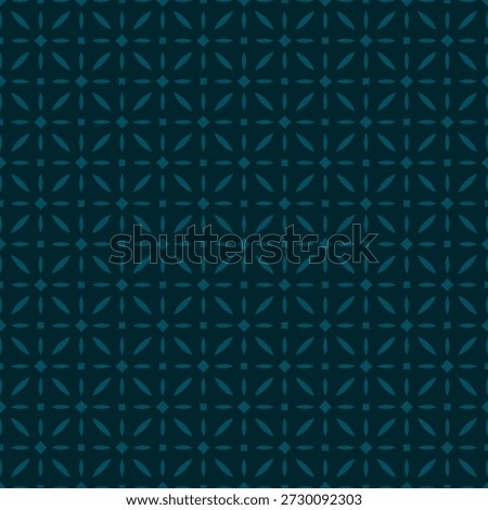 Subtle minimal seamless background. Vector geometric floral pattern with diamonds, flowers, leaves, grid, lattice. Simple dark teal blue abstract ornament in oriental style. Repeating luxury design