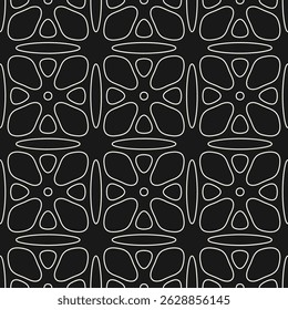 Subtle minimal seamless pattern. Stylish black and white outline vector geometric floral ornament. Abstract background texture with flower silhouettes, leaves, thin lines. Repeating dark linear design