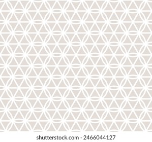 Subtle minimal vector geometric seamless pattern with curved lines, hexagons, triangles, circles, lattice, grid. Beige and white abstract background. Simple texture in arabesque style. Elegant design