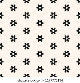 Subtle minimal vector seamless pattern with small geometric flowers, snowflakes, stars. Abstract black and white floral texture. Simple monochrome background. Repeat design for decor, fabric, prints