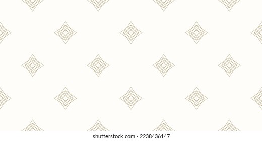 Subtle minimal vector seamless pattern with small linear diamond shapes, stars, rhombuses, dots. Simple gold and white geometric background. Abstract golden minimalist texture. Repeat luxury design