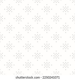 Subtle minimal vector seamless pattern with small diamond shapes, stars, rhombuses, dots. Simple geometric background. Abstract minimalist white and gray texture. Repeat geo design for decor, fabric