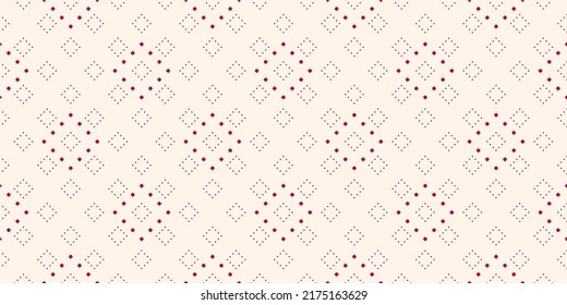 Subtle minimalist dotted seamless pattern, delicate red and white vector texture. Christmas background. Abstract minimal background with tiny dots, circles in square grid. Luxury wide repeat design