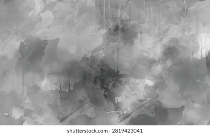 Subtle minimalist light grey watercolor wash texture enhanced by scattered black ink splatter drops and soft fluid paint movement for elegant web elements