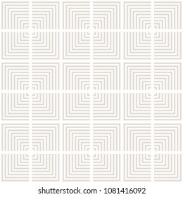 Subtle minimalist pattern. Vector geometric texture with lines, squares, stripes, repeat tiles, grid. Abstract graphic linear ornament. White and beige colors. Delicate modern background design