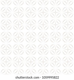Subtle minimalist seamless pattern. Simple geometric texture with dotted shapes, sparkles, crosses, delicate grid, lattice. Vector white and gray background. Abstract repeat minimal design element