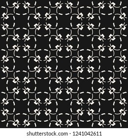 Subtle monochrome floral texture. Elegant minimalist geometric seamless pattern with small flower silhouettes, delicate grid, mesh. Vector abstract black and white background. Stylish dark ornament