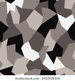 Subtle monochrome geometric camouflage vector seamless pattern. Collection of polygon-shaped fragments designed as a surface art texture that may be printed or used in graphic design.