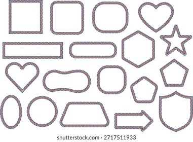 Subtle multicolor stitched outline shapes and icon frames set. Clean handmade dotted borders with hearts, stars, arrows and badges. Versatile elements for crafts, UI, kids design and graphic projects.