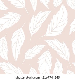 Subtle neutral botanical pattern design with white winter leaves over beige background print. Hand drawn vector illustration in blue and white colors. Surface pattern design for kids.