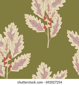 subtle oak leaves with acorns seamless pattern on stylish green background