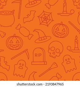 Subtle orange on orange Halloween seamless pattern of outline icons