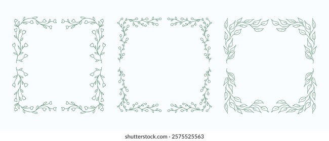 Subtle outlined hand-drawn floral frames with delicate flowers and leaves. Vector outlined square frames for wedding invitations, nature-inspired designs, eco-friendly projects, etc.