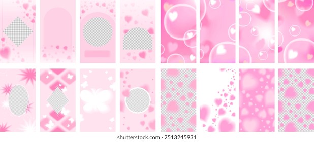 Conjuntos de histórias sutis Pink. Corações rastreiam em fundo transparente, aura borrada bolhas. Ilustração do vetor de estoque isolada no fundo branco.