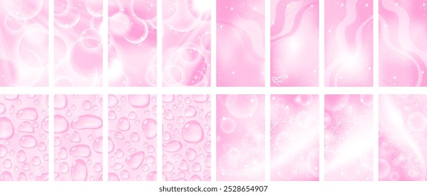 Subtle pink stories template set. Sparkling anime y2k background. Stock vector illustration in cartoon realistic style.