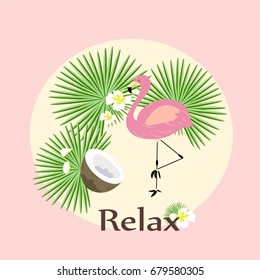 Subtle pink tropical summer relaxing illustration with flamingo and coconut