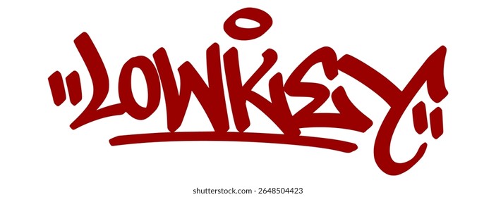 Subtle red graffiti tag "Lowkey" with smooth drip lines and transparent background. Gen Z slang for something quiet, secret, or chill.